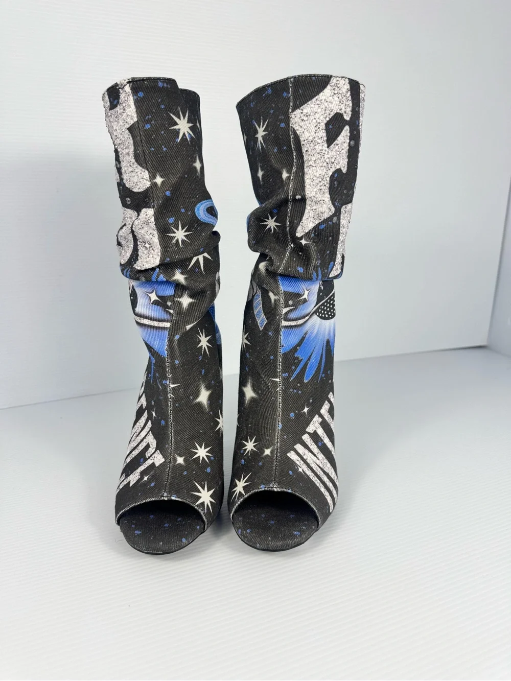 NEW AKIRA Black Multi Galaxy Space Peep Toe Slouch Stiletto Booties
